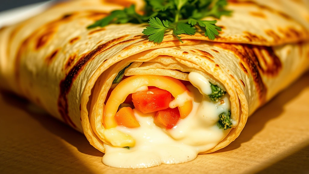 detail: close-up of a perfectly rolled savory crepe filled with creamy sauce and vegetables, cross-section showing layers, fresh herbs on top, warm natural sunlight creating shadows, macro photography