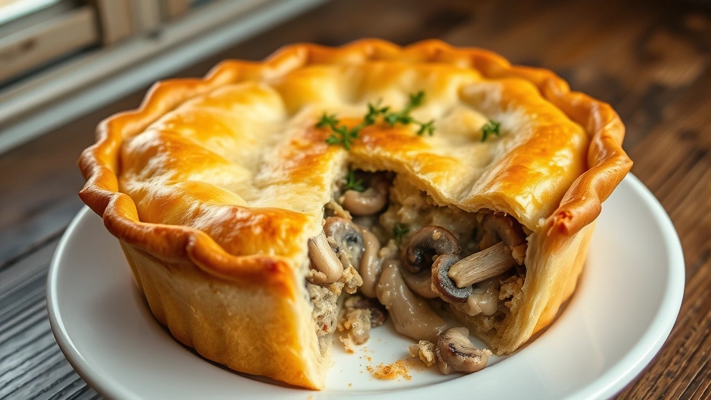 hero: golden-brown savory pie with flaky crust, slice removed showing creamy mushroom and chicken filling, fresh thyme garnish, served on white plate, warm kitchen lighting, natural window light, rustic wooden table background