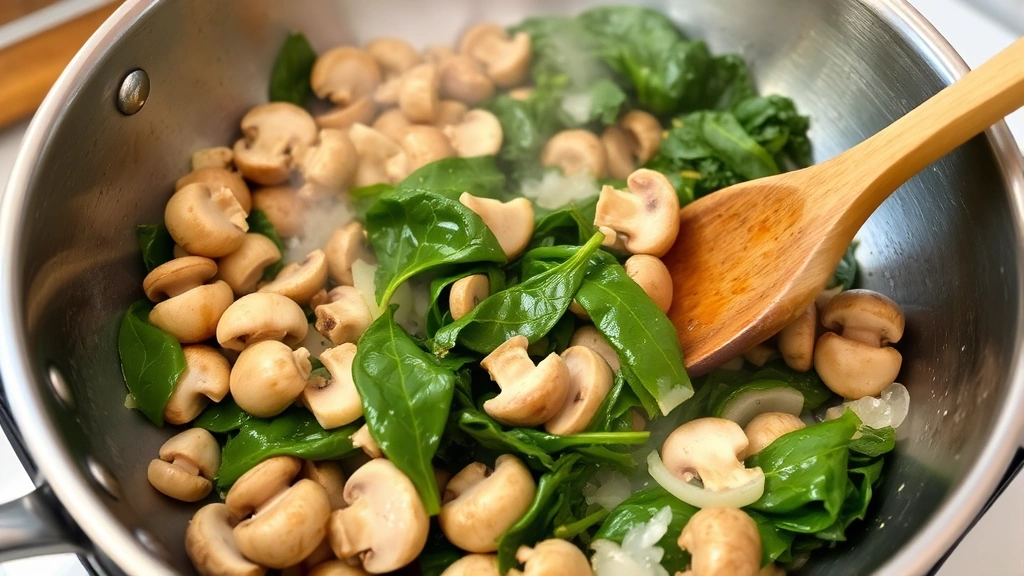process: sautéed mushrooms and onions in stainless steel skillet, wilted spinach visible, wooden spoon stirring, steam rising, close-up of vegetables, bright kitchen countertop