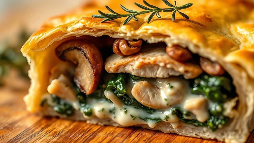 detail: close-up cross-section of savory pie showing layered filling with mushrooms, chicken, spinach, and creamy sauce, flaky golden crust visible, fresh thyme leaf on top, shallow depth of field, warm golden hour lighting