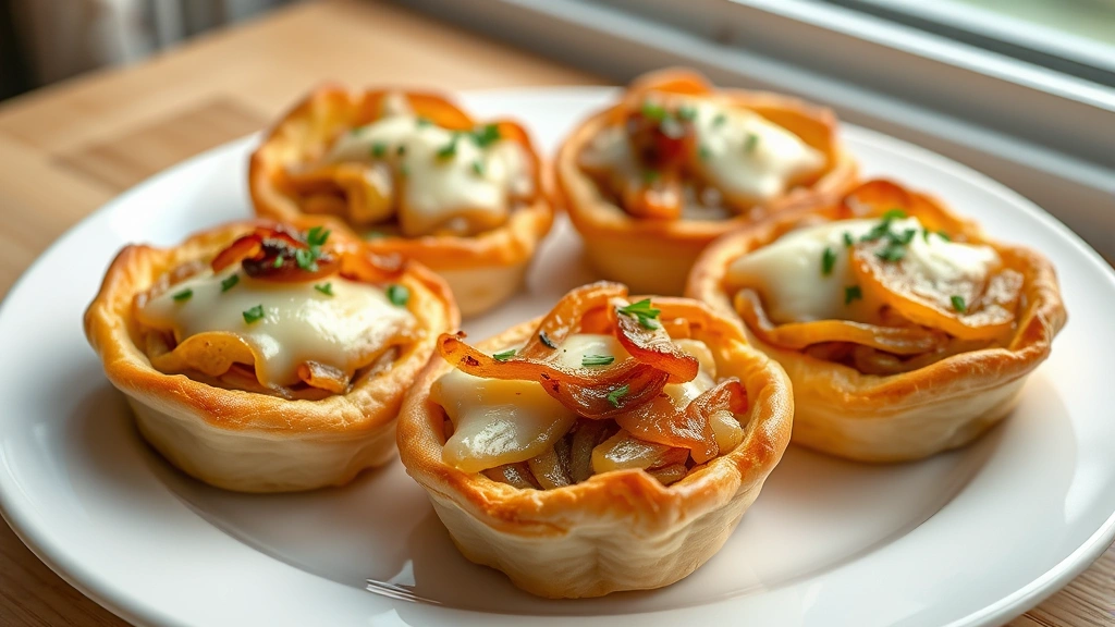 hero: golden-brown puff pastry tarts with caramelized onions and melted cheese on top, garnished with fresh herbs, served on white ceramic plate, photorealistic, natural window light, no text