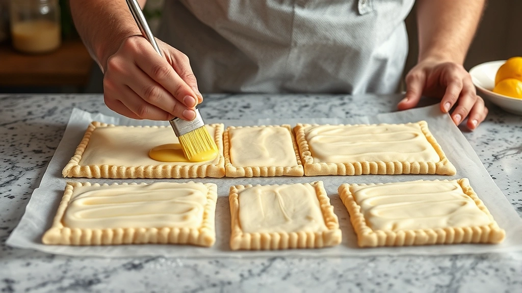 process: hands brushing egg wash onto scored puff pastry rectangles on parchment paper, kitchen counter, photorealistic, natural daylight, no text