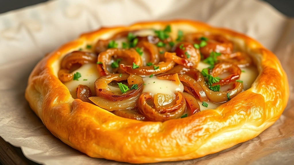 hero: Golden flaky puff pastry with caramelized onion topping and melted cheese, fresh herbs garnish, photorealistic, natural light, no text