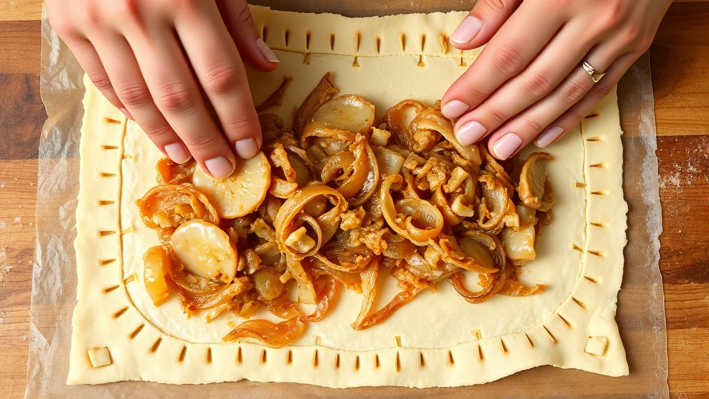process: Hands spreading creamy caramelized onion filling on scored puff pastry sheet, photorealistic, natural light, no text