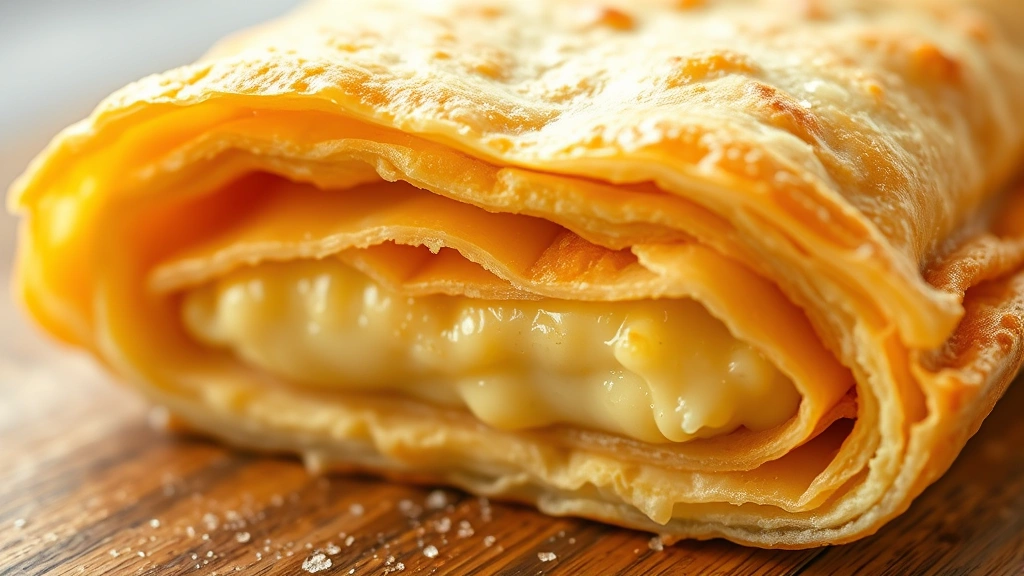 detail: Close-up cross-section of baked puff pastry showing layers and creamy filling, photorealistic, natural light, no text