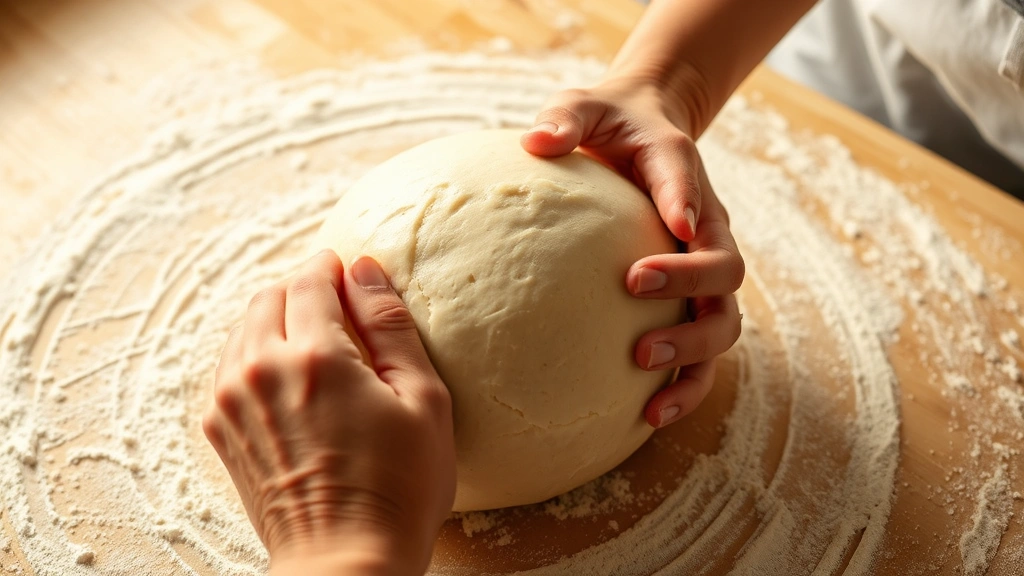 process: hands shaping smooth dough into tight ball, flour dusting work surface, warm lighting highlighting dough texture, in-progress kitchen scene, no text, documentary style food photography