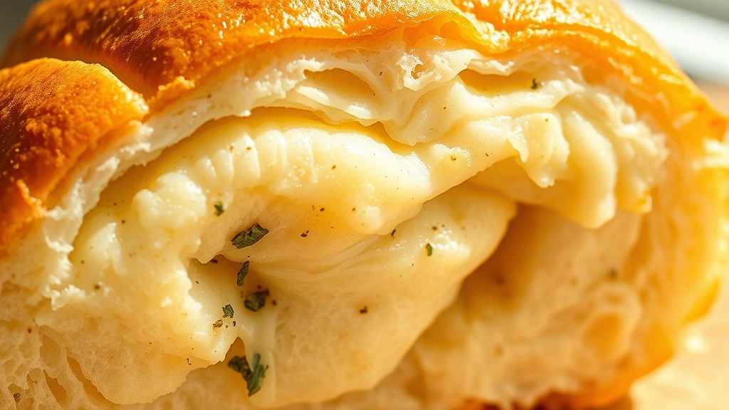 detail: close-up cross-section of warm freshly baked roll showing soft pillowy interior with visible herb flecks and melted cheese, golden crust exterior, natural sunlight, macro photography, no text