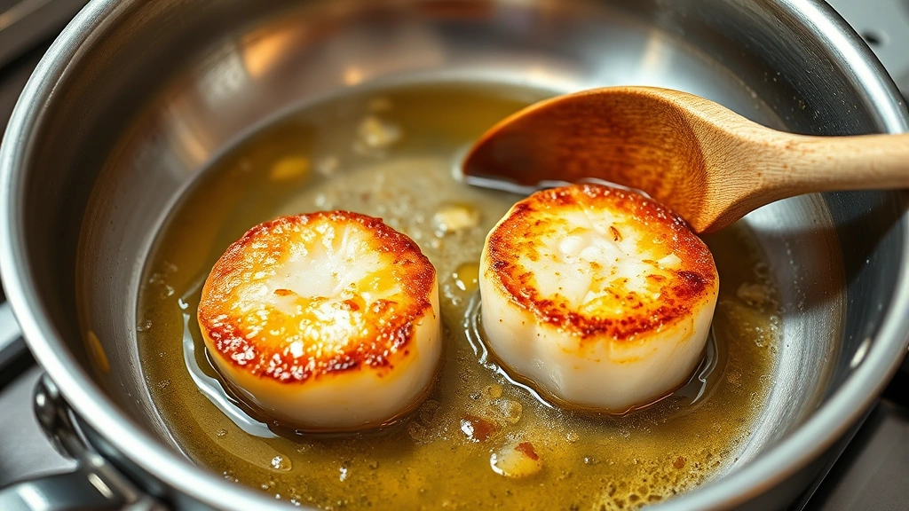 process: two golden-seared scallops in hot stainless steel skillet with butter and garlic, steam rising, wooden spoon scraping browned bits, professional kitchen lighting, action shot capturing searing technique