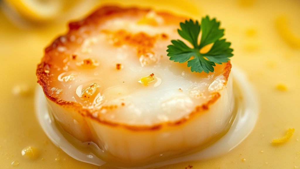detail: close-up macro of single perfectly seared scallop with golden crust, creamy butter sauce, fresh parsley leaf, lemon zest sprinkle, warm natural light, extreme close-up showing texture and gloss