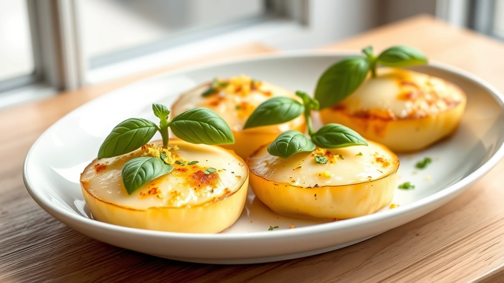 hero: creamy scallop squash rounds garnished with fresh basil and lemon zest on white ceramic plate, golden caramelized edges visible, soft natural window light, no text