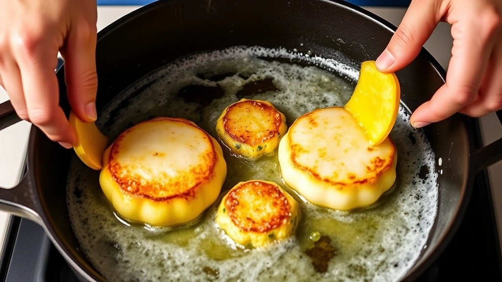 process: hands flipping golden scallop squash in cast iron skillet with butter foam, action shot mid-cook, natural daylight, no text