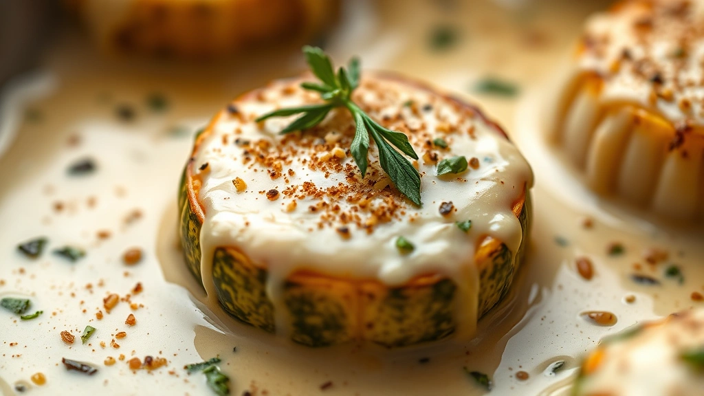 detail: close-up of single scallop squash round coated in cream sauce with fresh herbs and nutmeg sprinkle, shallow depth of field, warm natural light, no text