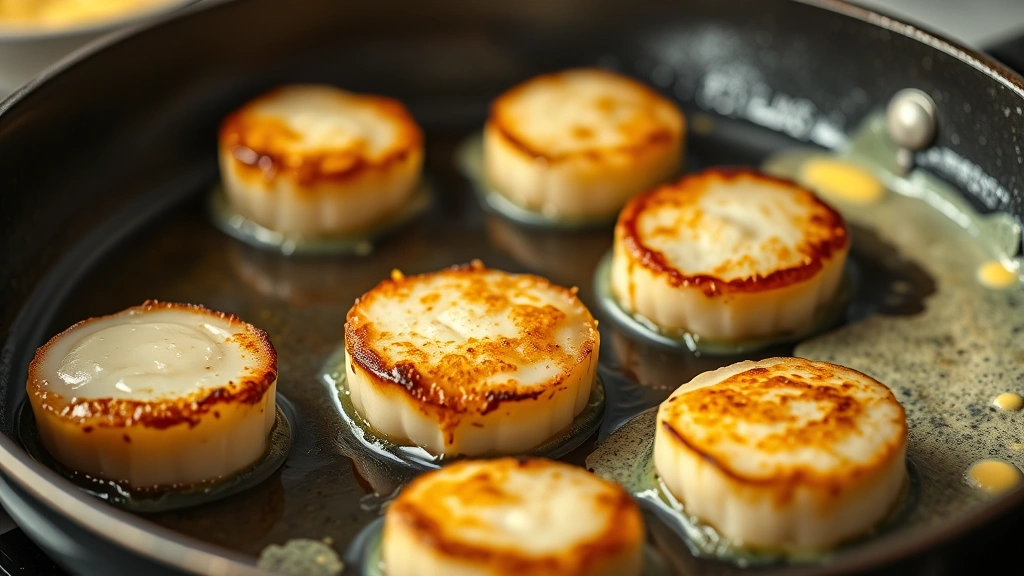 process: scallops searing in a skillet with a golden crust forming, cream sauce simmering in background, butter melting, photorealistic, natural light, no text