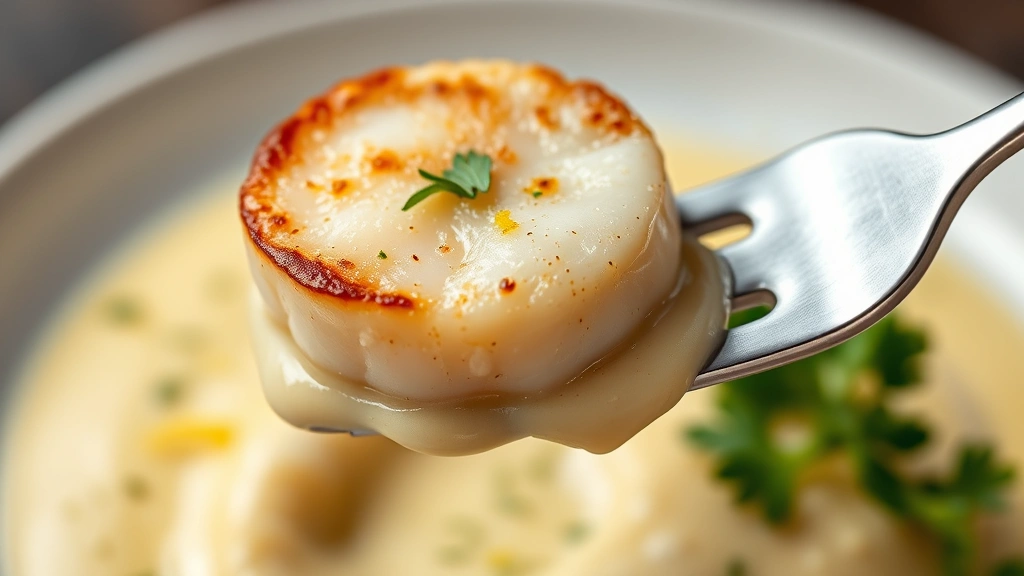 detail: close-up of perfectly seared scallop on fork with creamy lemon sauce, fresh parsley garnish, lemon zest visible, photorealistic, natural light, no text