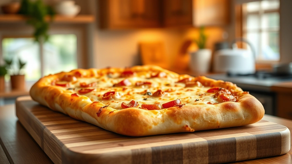 hero: rectangular school pizza fresh from oven with golden melted cheese and crispy edges, served on wooden cutting board, natural window light, cozy kitchen background, no text or watermarks