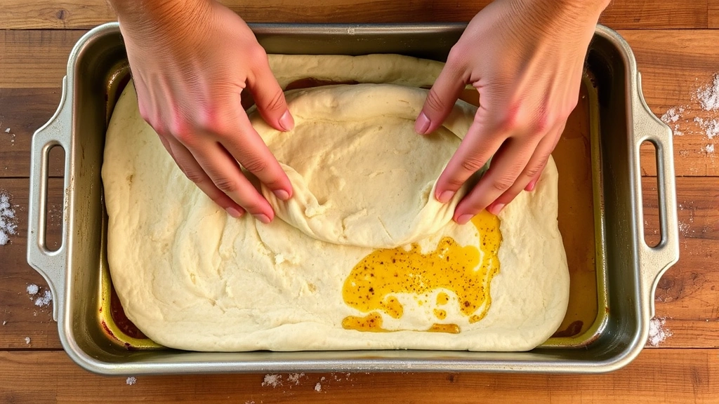 process: hands stretching pizza dough into rectangular baking pan coated with olive oil, close action shot showing technique, natural daylight from above, no text