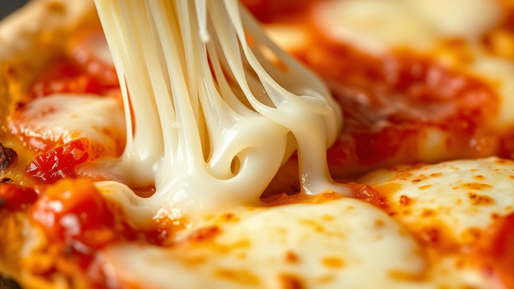 detail: close-up of pizza slice showing layers of stretchy mozzarella cheese, crispy crust, and tomato sauce, cheese pull detail, golden spots on top, macro photography style, natural light, no text