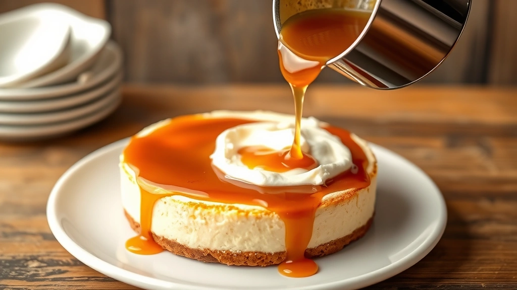process: pouring amber caramel over cream-topped cake layer, mid-drizzle action shot, saucepan visible, photorealistic, warm studio lighting, no text
