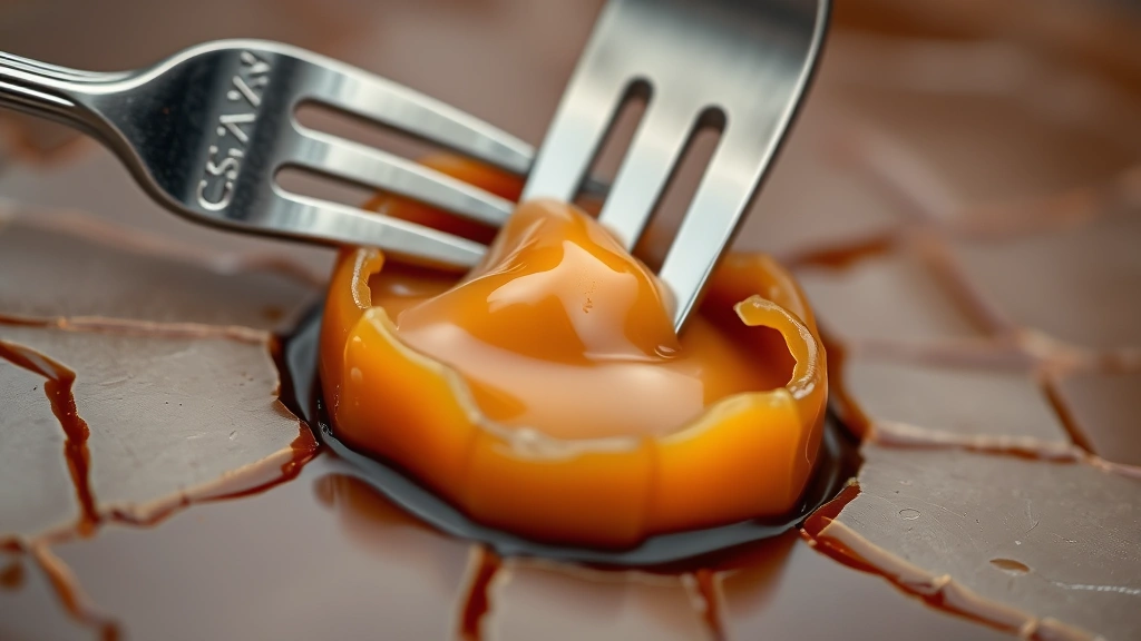 detail: close-up of cracked caramel shell showing creamy layers beneath, fork breaking through crystalline caramel surface, photorealistic, shallow depth of field, no text