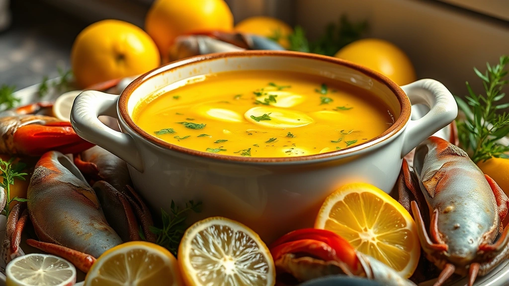 hero: beautiful golden seafood boil sauce with melted butter, garlic, and fresh herbs in a ceramic bowl surrounded by fresh lemons and seafood, photorealistic, warm natural window light, no text