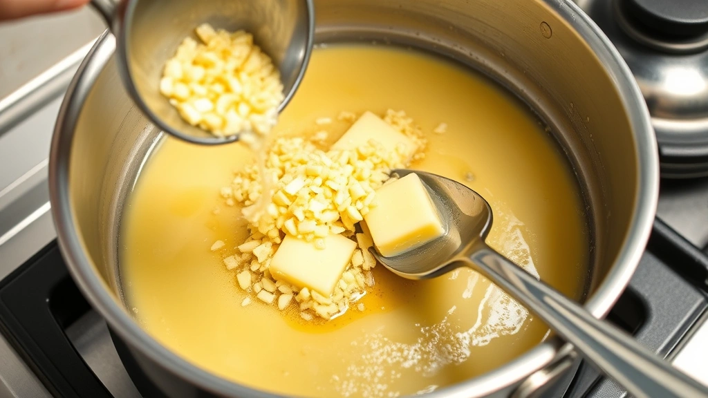 process: adding minced garlic to melted butter in a saucepan on stovetop, butter sizzling, spoon stirring, photorealistic, bright kitchen lighting, no text