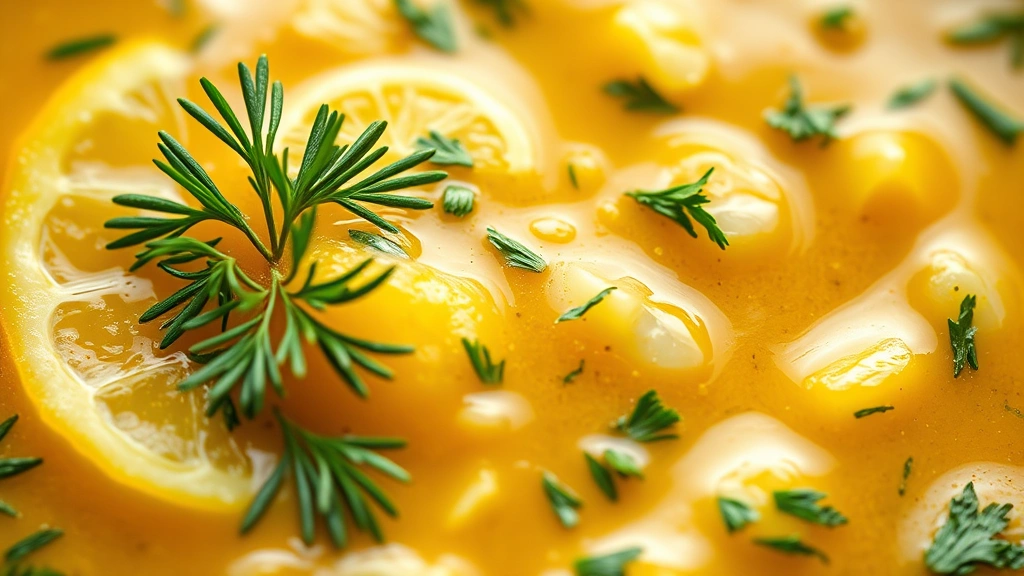 detail: close-up of rich golden sauce with visible garlic pieces, lemon zest, fresh parsley and dill, creamy texture, photorealistic, soft natural light, no text