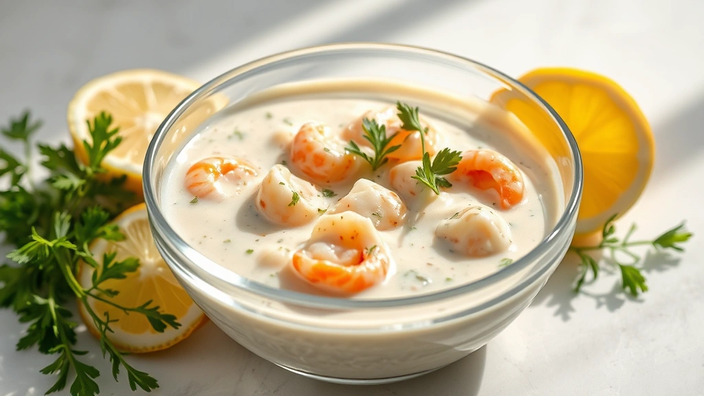 hero: creamy seafood dressing in a glass bowl with fresh herbs and lemon slices, photorealistic, natural sunlight streaming in, professional food styling, no text