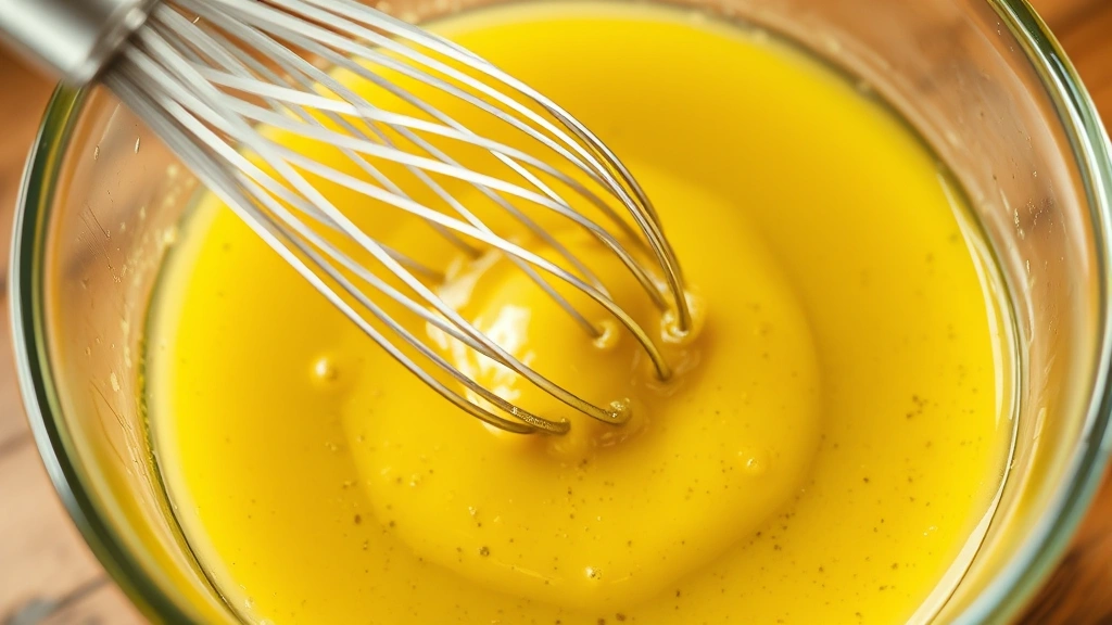 process: whisking olive oil into dressing mixture showing emulsification, close action shot, photorealistic, natural kitchen lighting, no text