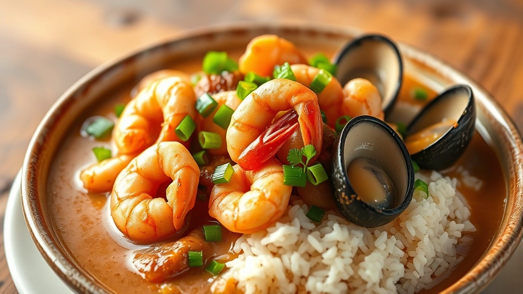 hero: steaming bowl of seafood gumbo over white rice with shrimp, crab, and oysters visible, garnished with green onions and parsley, photorealistic, warm natural lighting, no text
