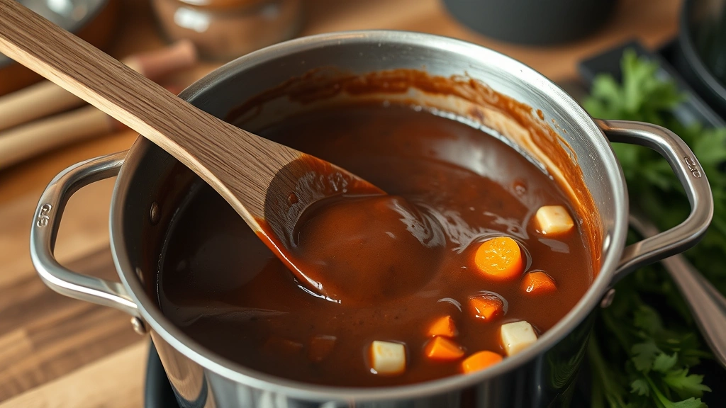 process: wooden spoon stirring deep chocolate brown roux in large pot with holy trinity vegetables, photorealistic, natural kitchen lighting, no text