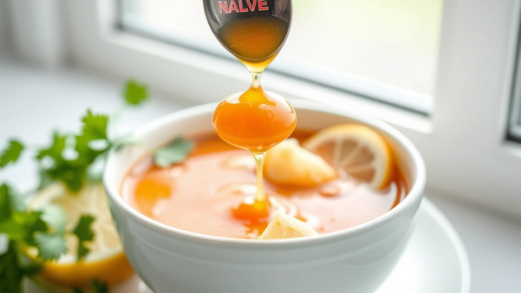 hero: golden-amber seafood sauce in white ceramic bowl, fresh lemon slices and cilantro garnish, dripping spoon showing glossy texture, bright natural window light, minimalist white background, shallow depth of field