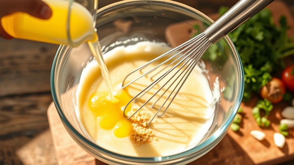 process: whisking ingredients in glass bowl, lemon juice pouring, garlic and ginger visible, stainless steel whisk in motion, warm natural light from above, wooden cutting board with fresh ingredients nearby