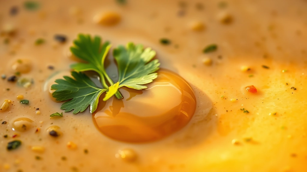 detail: close-up of finished sauce texture with herb flecks visible, fresh cilantro leaf floating on surface, sesame oil droplet creating ripples, macro photography, golden hour lighting, creamy emulsified consistency highlighted