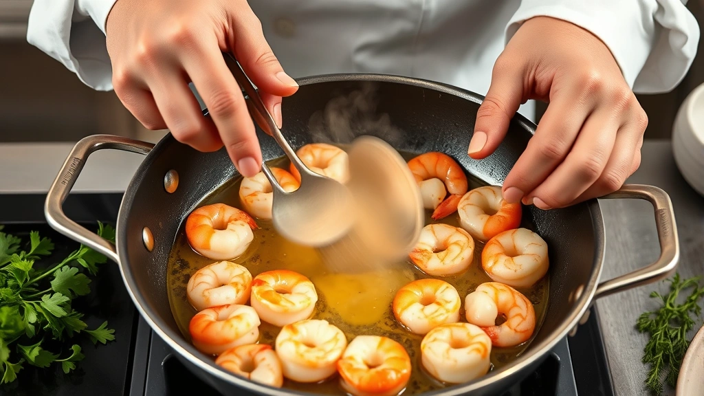process: chef's hands sautéing shrimp and scallops in skillet with golden butter, steam rising, fresh herbs nearby, professional kitchen lighting, photorealistic, no text