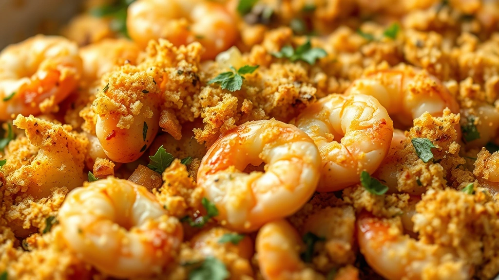 detail: close-up of finished seafood stuffing showing crispy panko topping, tender bread, succulent shrimp pieces, fresh herbs, golden-brown color, shallow depth of field, photorealistic, no text