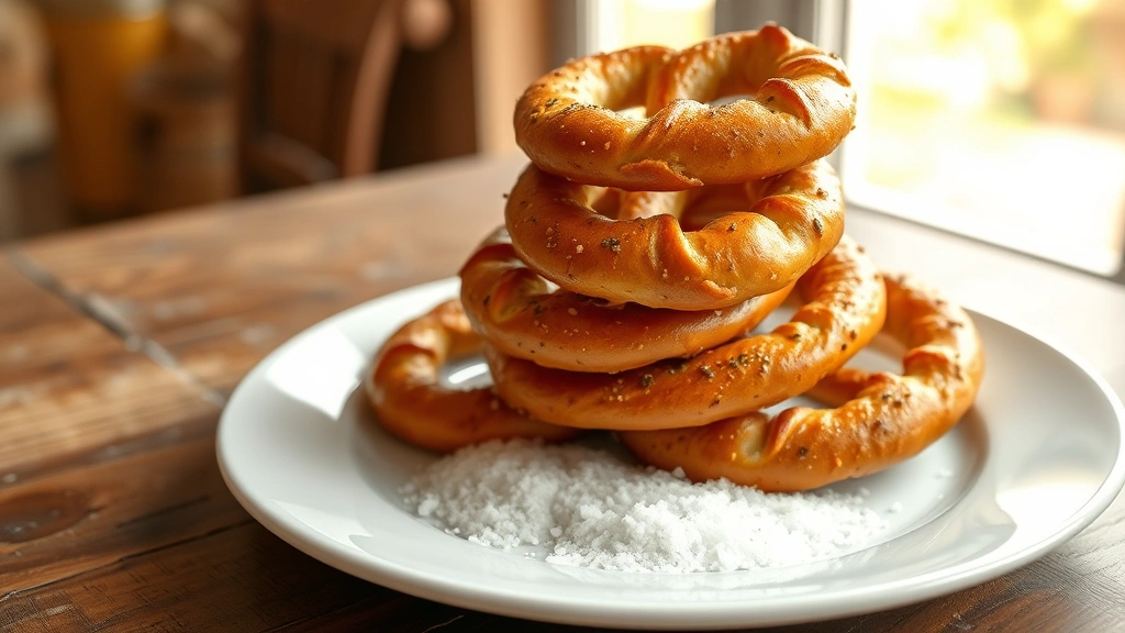 hero: Golden-brown seasoned pretzels stacked on white plate with coarse sea salt visible, warm lighting from window, steam rising slightly, rustic wooden table background, photorealistic, no text