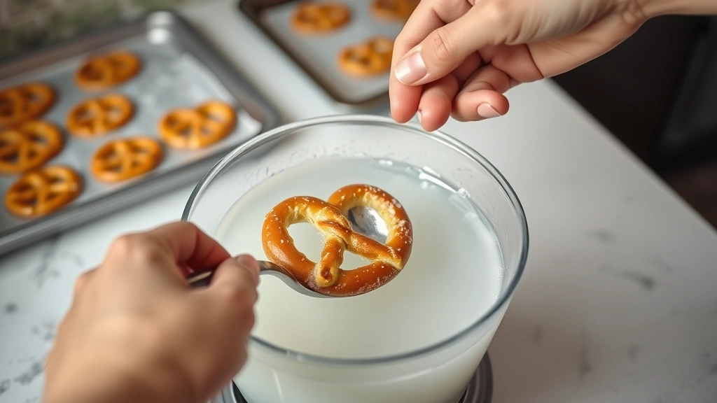 process: Hands dipping pretzel into boiling baking soda water with slotted spoon, baking sheets in background, kitchen counter scene, photorealistic, natural light, no text