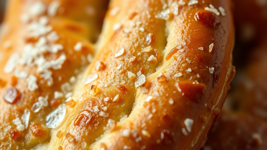 detail: Close-up macro shot of pretzel crust texture with coarse sea salt crystals glistening, golden-brown surface, shallow depth of field, photorealistic, natural light, no text