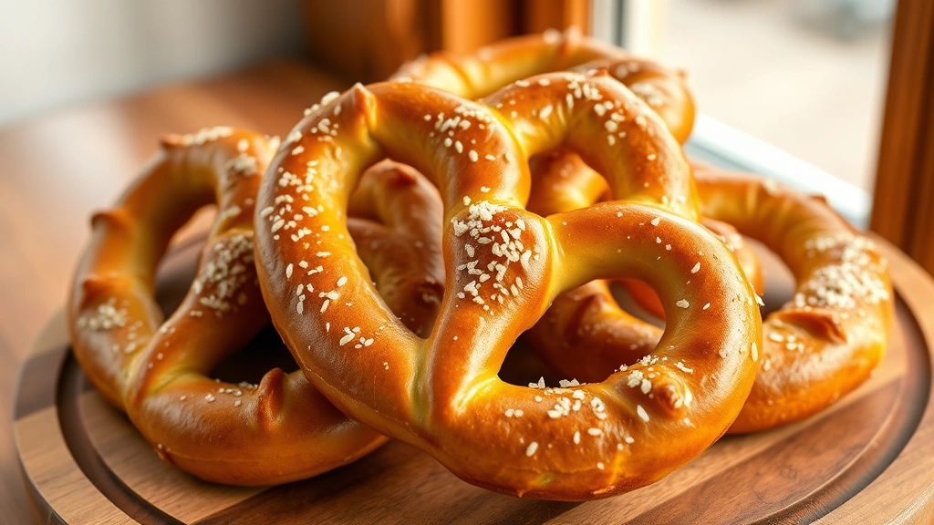 hero: golden brown homemade seasoned pretzels with coarse sea salt and herbs coating, twisted pretzel shape, arranged on wooden board, warm natural window light, no text or watermarks