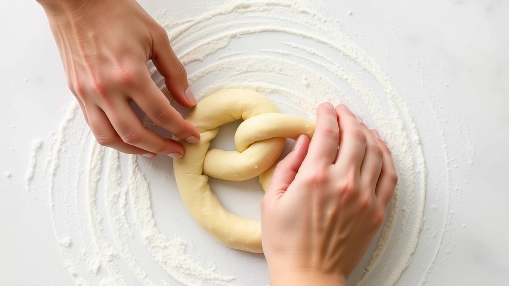 process: hands shaping pretzel dough into classic twisted shape on lightly floured white surface, soft dough, natural daylight, no text or watermarks