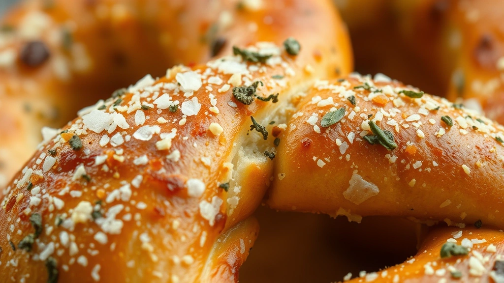 detail: close-up of seasoned pretzel showing texture of salt crystals, garlic powder, herbs and parmesan cheese coating, golden brown exterior, shallow depth of field, natural lighting, no text or watermarks