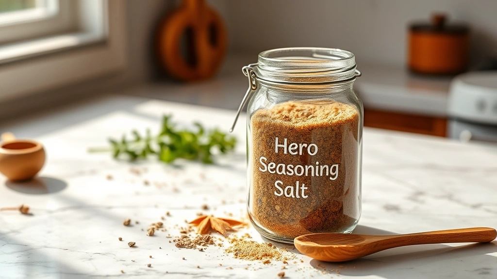 hero: homemade seasoning salt blend in rustic glass jar, golden-brown color, herbs visible, scattered on white marble countertop, sunlight streaming from left, wooden spoon nearby, photorealistic, natural light, no text