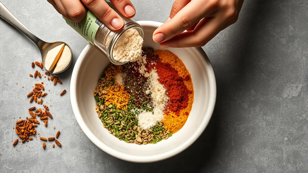 process: hands mixing spice ingredients in white ceramic bowl, pouring garlic powder, dried herbs scattered around, measuring spoons, photorealistic, natural light, no text