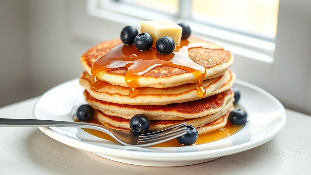 hero: stack of fluffy golden-brown self-rising flour pancakes topped with maple syrup, melting butter, and fresh blueberries on a white plate with a fork, photorealistic, natural window light, no text