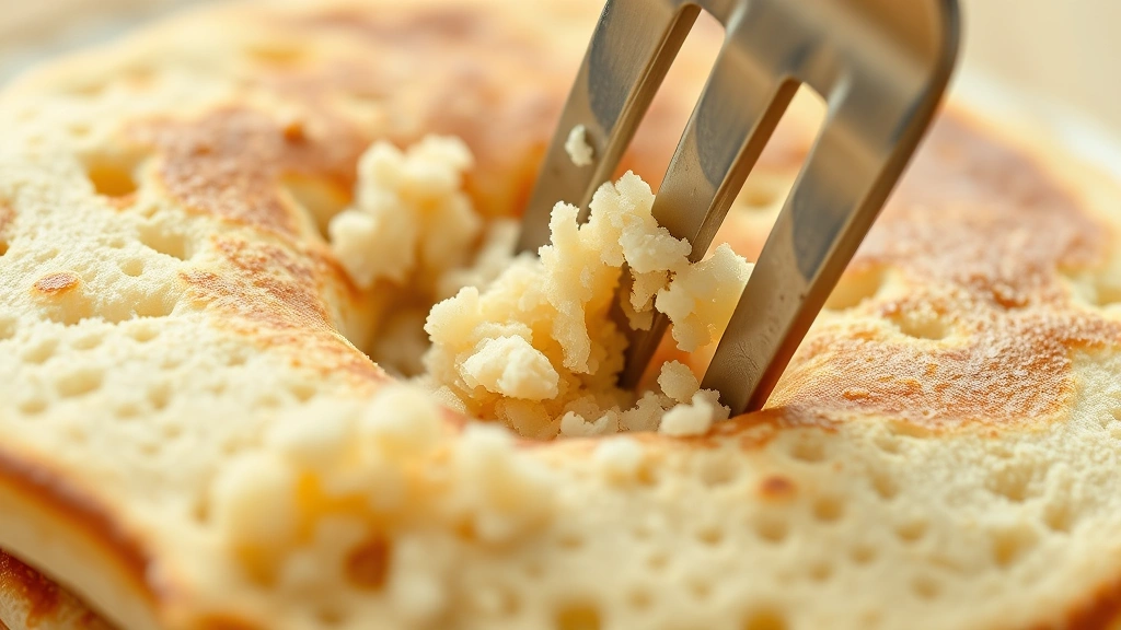 detail: close-up of fluffy pancake interior texture showing airy crumb structure with fork cutting through, photorealistic, natural light, no text