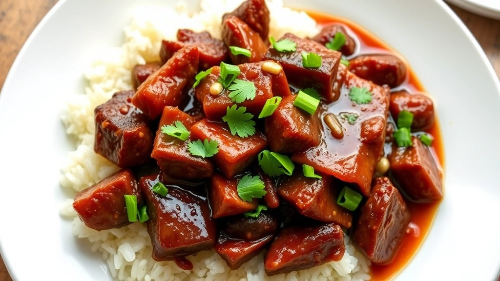 hero: Vietnamese shaking beef on white plate with jasmine rice, garnished with fresh cilantro and scallions, glossy caramelized sauce, natural window light, top-down view, no text
