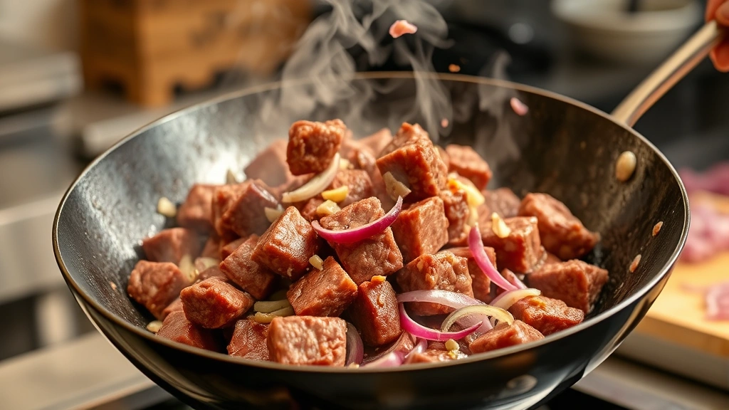 process: beef cubes tossing in smoking hot wok with garlic and red onions, mid-toss motion, steam rising, professional kitchen setting, natural light, no text