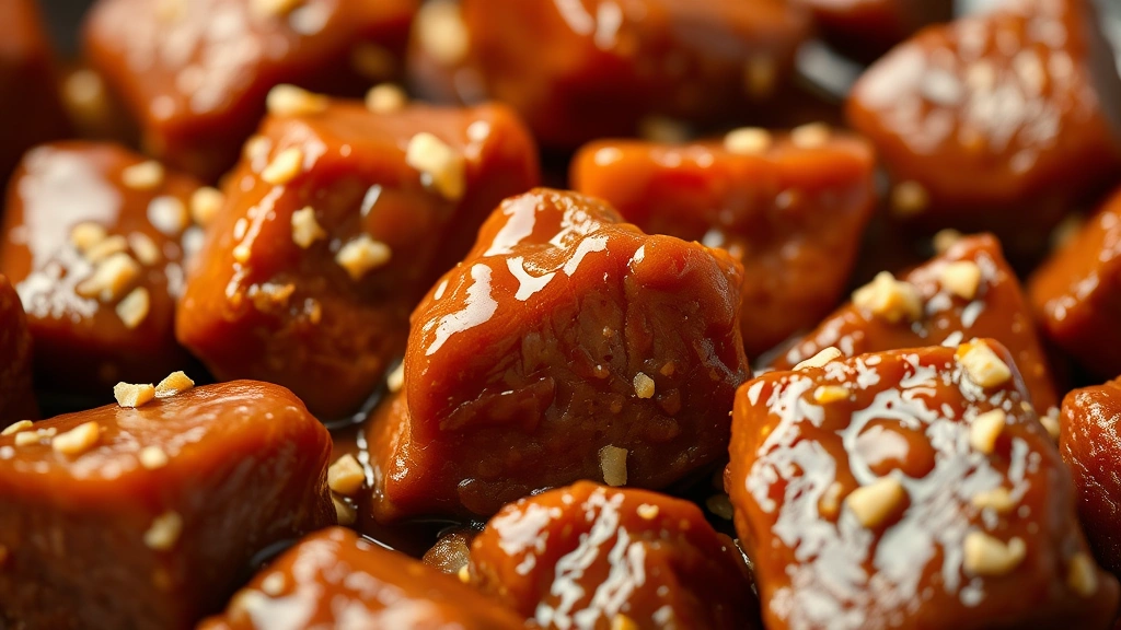 detail: close-up of individual beef cubes coated in glossy caramel sauce with minced garlic clinging to surface, shallow depth of field, warm natural light, no text