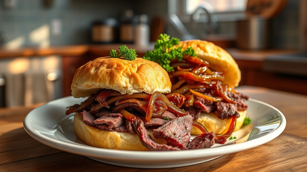 hero: plated shaved beef over toasted biscuits with caramelized onions and fresh parsley garnish, warm golden lighting from the side, rustic white plate, blurred kitchen background, photorealistic, natural window light, no text