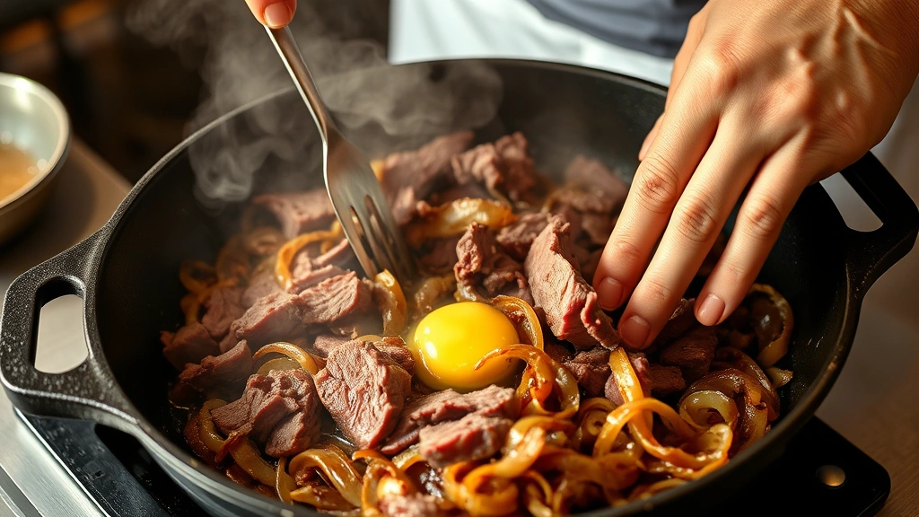 process: chef's hands stirring thin shaved beef in hot cast iron skillet with melted butter and caramelized onions, steam rising, close-up action shot, photorealistic, warm natural light, no text